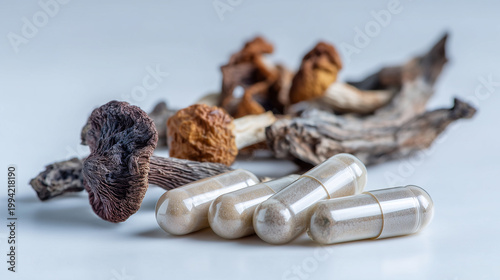 medicinal mushrooms with capsules natural supplement concept health wellness alternative