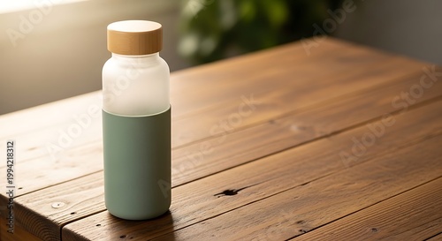 Eco-friendly reusable glass water bottle featuring a light green silicone sleeve and a natural wooden cap, elegantly placed on a rustic wooden table, promoting sustainable hydration
