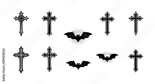 Cross and bat emblem set with gothic style, black wings, and ornate metal cross symbols for tattoos and logos.