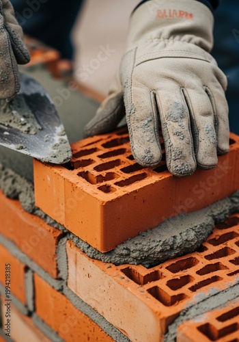 Close-up of Mason Hand Laying Bricks with Mortar and Trowel on Construction Site