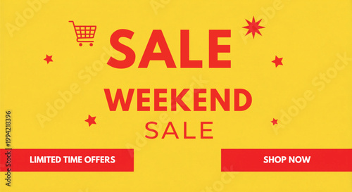 Weekend sale promotional banner, red and yellow retail discount poster with shopping cart icon, limited time offers marketing vector