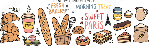 French Bakery Paris Pastry Sweet Elements, Illustration Doodle Cartoon Collection