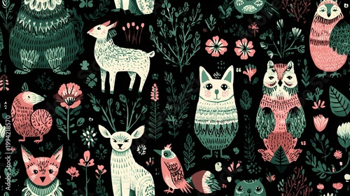 Nordic forest animal ornament seamless pattern, folk art decorative background for textile and surface design