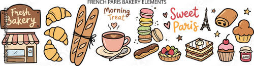 French Bakery Paris Pastry Sweet Elements, Illustration Doodle Cartoon Collection