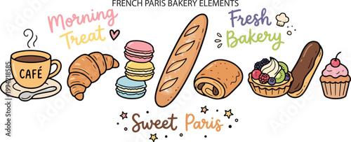 French Bakery Paris Pastry Sweet Elements, Illustration Doodle Cartoon Collection