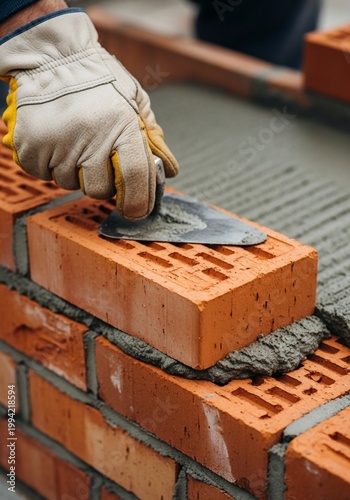 Close-up of Mason Hand Laying Bricks with Mortar and Trowel on Construction Site