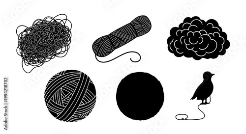 Yarn crafting set with tangled skeins and bird illustration featuring ball, knitting, crochet with wool and thread elements for fiber, craft