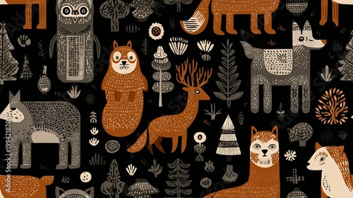 Nordic forest animal ornament seamless pattern, folk art decorative background for textile and surface design
