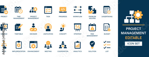 Project management icon set with task, workflow, time management and progress tracking symbols. Editable vector icons.