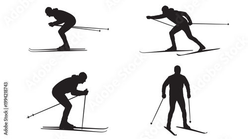 Skiing silhouettes set with skier figures holding poles on white background for winter sport icons featuring ski track, snow, slalom with vector
