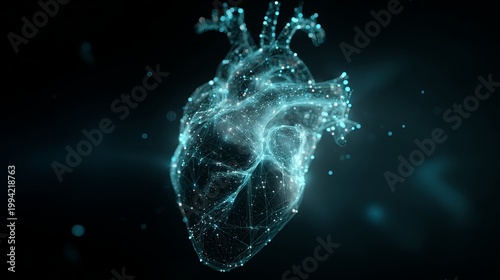 A glowing digital heart made of blue lines and dots on a dark background