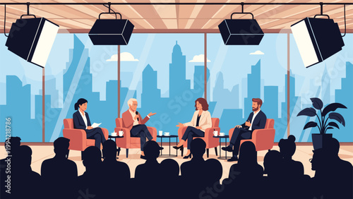 TV talk show studio panel discussion with four people on stage in front of a live audience and city skyline view.