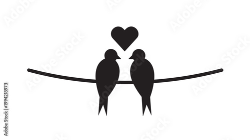 Couple heart wing icon showing two birds with love symbol above and black minimalist silhouette style for romance