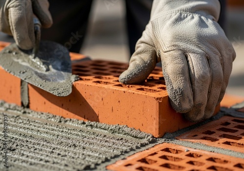 Close-up of Mason Hand Laying Bricks with Mortar and Trowel on Construction Site
