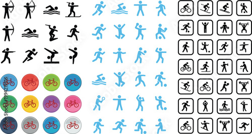 Sports icons silhouettes athletes activities, archery swimming cycling skiing gymnastics boxing tennis basketball martial arts recreation fitness