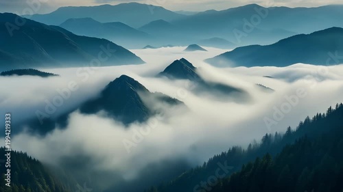 A serene mountain landscape with fog rolling in over the peaks and trees on a hillside