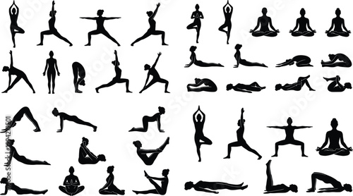 Yoga silhouette icons poses meditation, warrior downward dog cobra lotus tree child’s pose flexibility balance exercise fitness relaxation