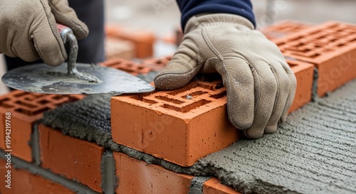 Close-up of Mason Hand Laying Bricks with Mortar and Trowel on Construction Site