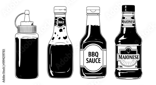 Sauce bottles BBQ sauce, mayonnaise and relish labels in clean vector style for food packaging design