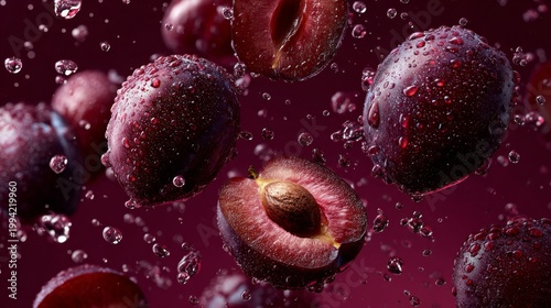 Fresh plums splashing with water droplets vibrant juicy fruit macro composition