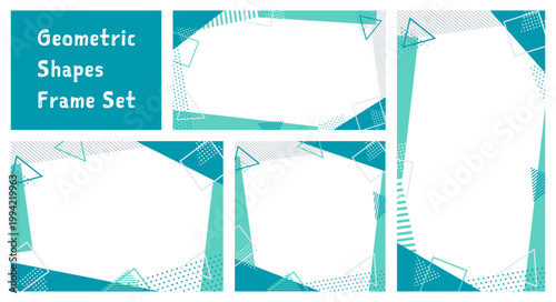 おしゃれな幾何学模様と図形のフレームセット。白バックにブルーグリーンのドット・ストライプ枠。コピースペースあり