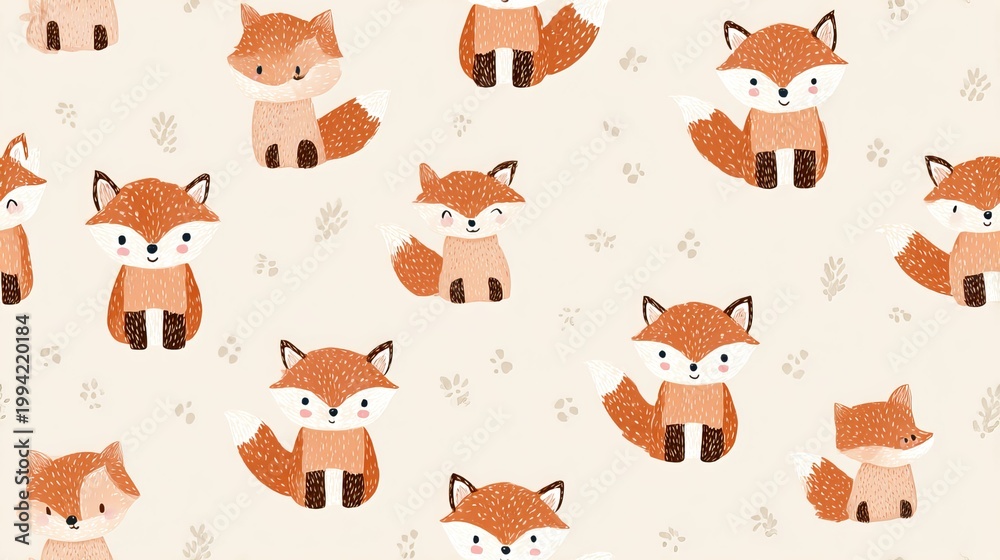 Fototapeta premium Flat Scandinavian fox seamless pattern, cute nursery woodland illustration with soft pastel colors, balanced repeating layout, decorative textile and surface design background