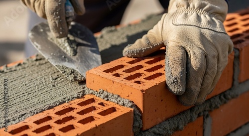Close-up of Mason Hand Laying Bricks with Mortar and Trowel on Construction Site