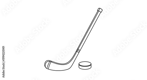 A simple black and white illustration depicts a hockey stick leaning next to a puck high quality professional