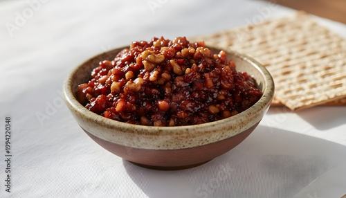 Traditional charoset in a bowl with matzah crackers on a white tablecloth for a Happy Passover holiday celebration concept, capturing the essence of the Jewish Seder feast