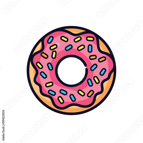 A colorful cartoon donut with pink frosting and sprinkles.