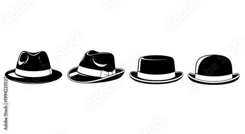 Hat icon set with fedora, straw and flat cap styles, bold line art, minimalist black and white vector style for fashion design
