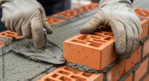 Close-up of Mason Hand Laying Bricks with Mortar and Trowel on Construction Site