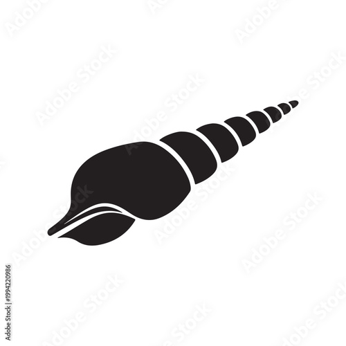 Auger shell black glyph icon. Exotic spiral seashell, conchology silhouette symbol on white space. Empty gastropod, molluscan animal conch, long conic sea shell vector isolated illustrations
