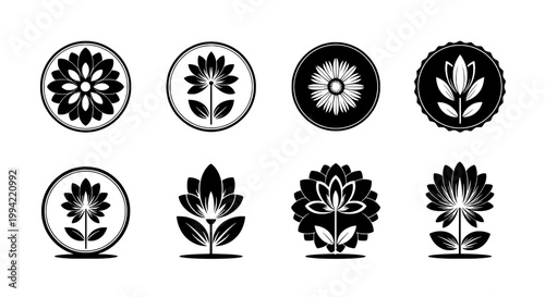Flowers set with intricate designs and various styles in circular and standalone formats featuring floral, black, white with vector and art elements