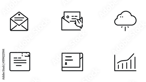 Digital Communication Icons: A set of six meticulously crafted line icons representing digital communication elements. Envelopes, documents, and a cloud merge in this set. 