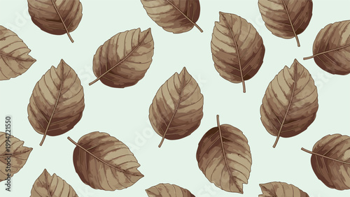 Seamless autumn pattern featuring various brown fallen leaves floating gracefully on a soft light mint green background for seasonal design.
