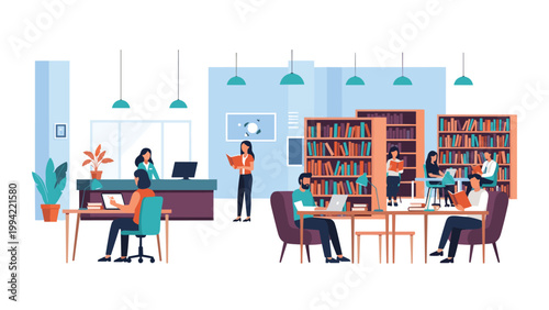 Spacious public library interior with diverse people reading at wooden tables and browsing tall bookshelves in a quiet study atmosphere.