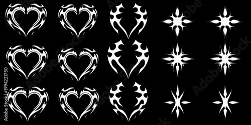 Collection of striking white tribal heart and flame like tattoo designs