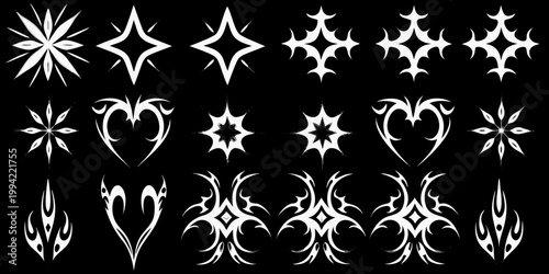 Collection of sharp white tribal style graphic design elements on black