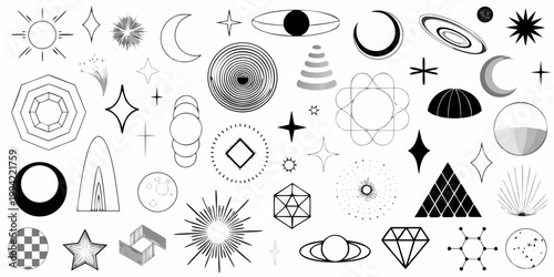 Abstract celestial shapes and geometric forms in a black and white design