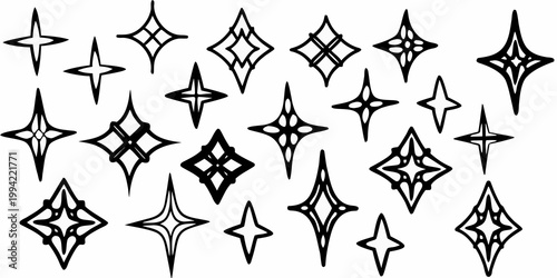 Collection of abstract black and white star and diamond shaped line art