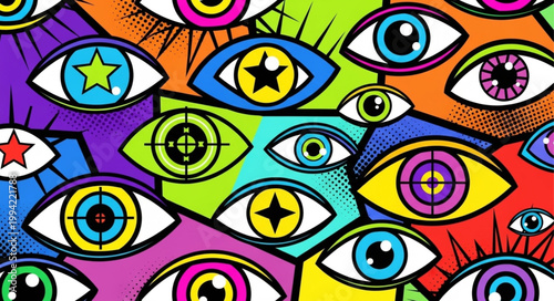 Colorful abstract eyes pattern with stars and targets.