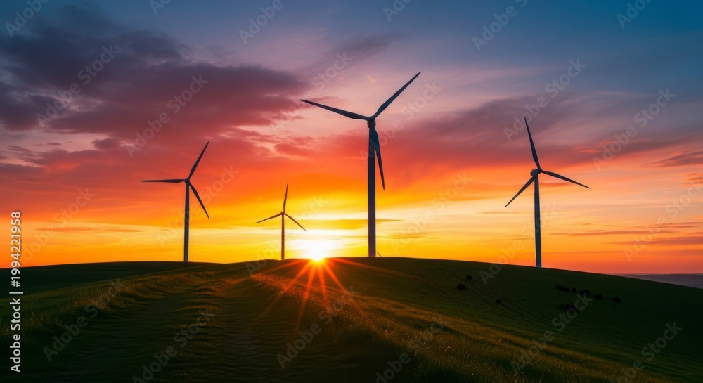 Obraz premium Wind turbines standing tall on a hill during a vibrant sunset with a colorful sky