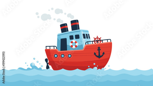 Small red and blue tugboat with smoking funnels sailing on blue waves with a black anchor and white lifebuoy on its hull, side view.