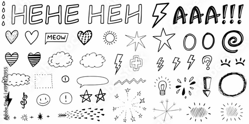 Collection of hand drawn doodles including text hearts stars and lightning