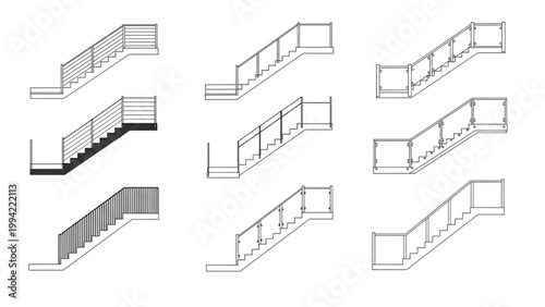 Various Architectural Staircase Designs with Detailed Railing Schematics