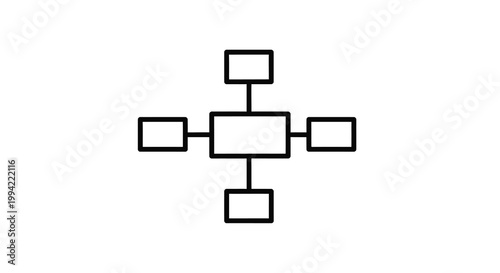 A simple black and white illustration depicts a symmetrical cross shaped geometric pattern with connected squares high quality