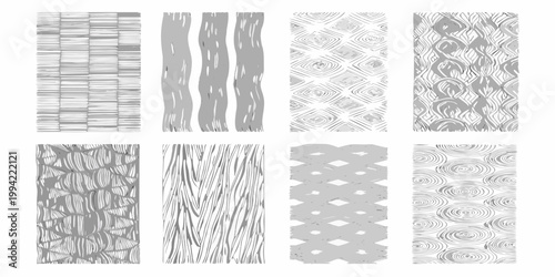 Collection of eight vertically oriented hand drawn textured pattern swatches