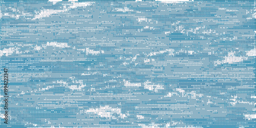 Abstract digital glitch texture with a cool blue and white palette