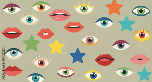 Colorful Eyes and Lips Pattern with Stars.